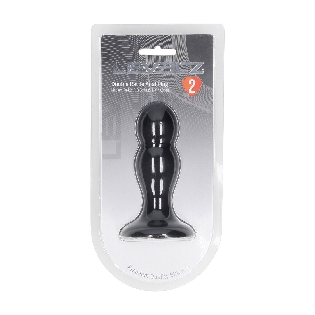 Double Rattle Liquid Silicone Anal Plug - M - Black 2