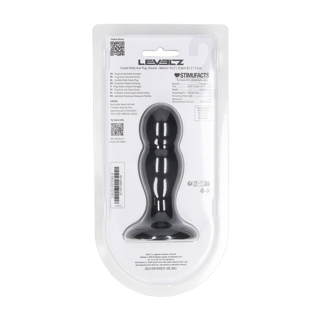Double Rattle Liquid Silicone Anal Plug - M - Black 3