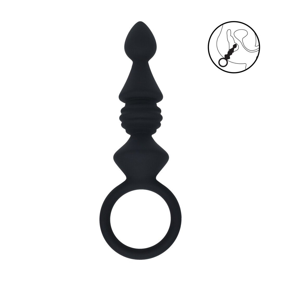 Ribbed Silicone Anal Probe with Loop - Black