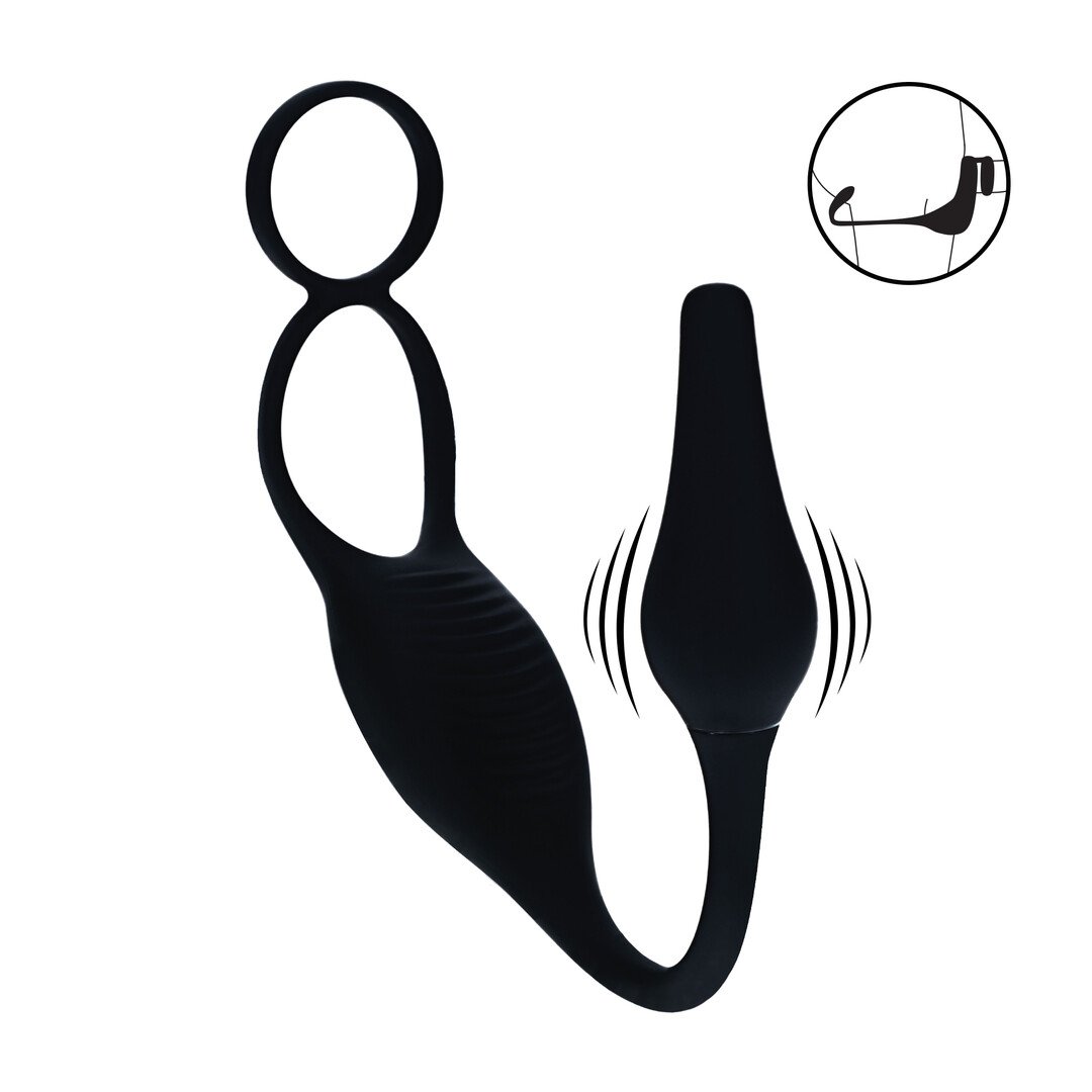 Vibrating Silicone Prostate Stimulator with Cock and Ball Ring - Black
