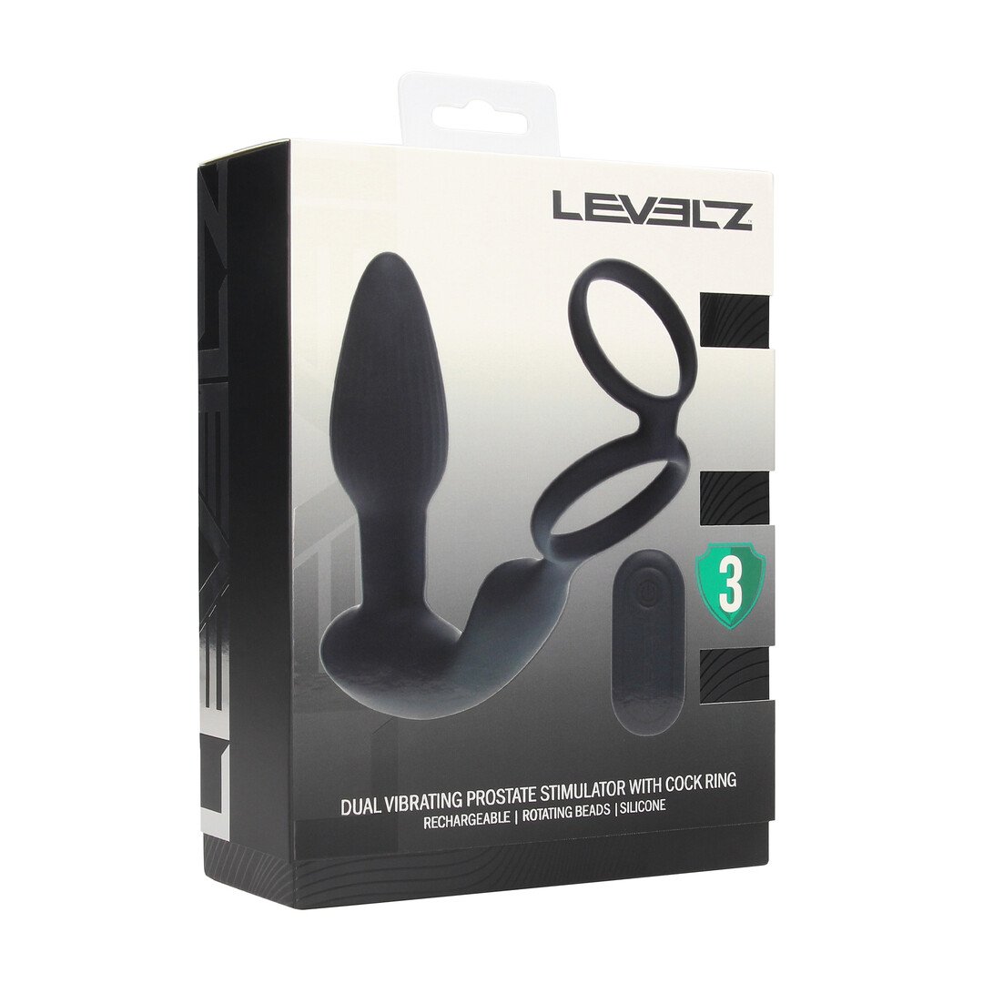 Dual Vibrating Remote Rotating Beads Silicone Prostate Stimulator with Cock and Ball Ring - Black 2
