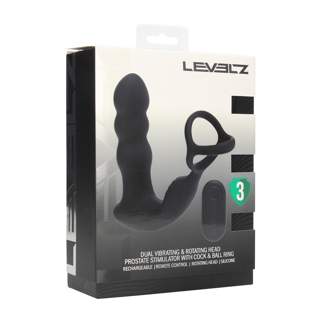 Dual Vibrating Remote Rotating Head Silicone Prostate Stimulator with Cock and Ball Ring - Black 2
