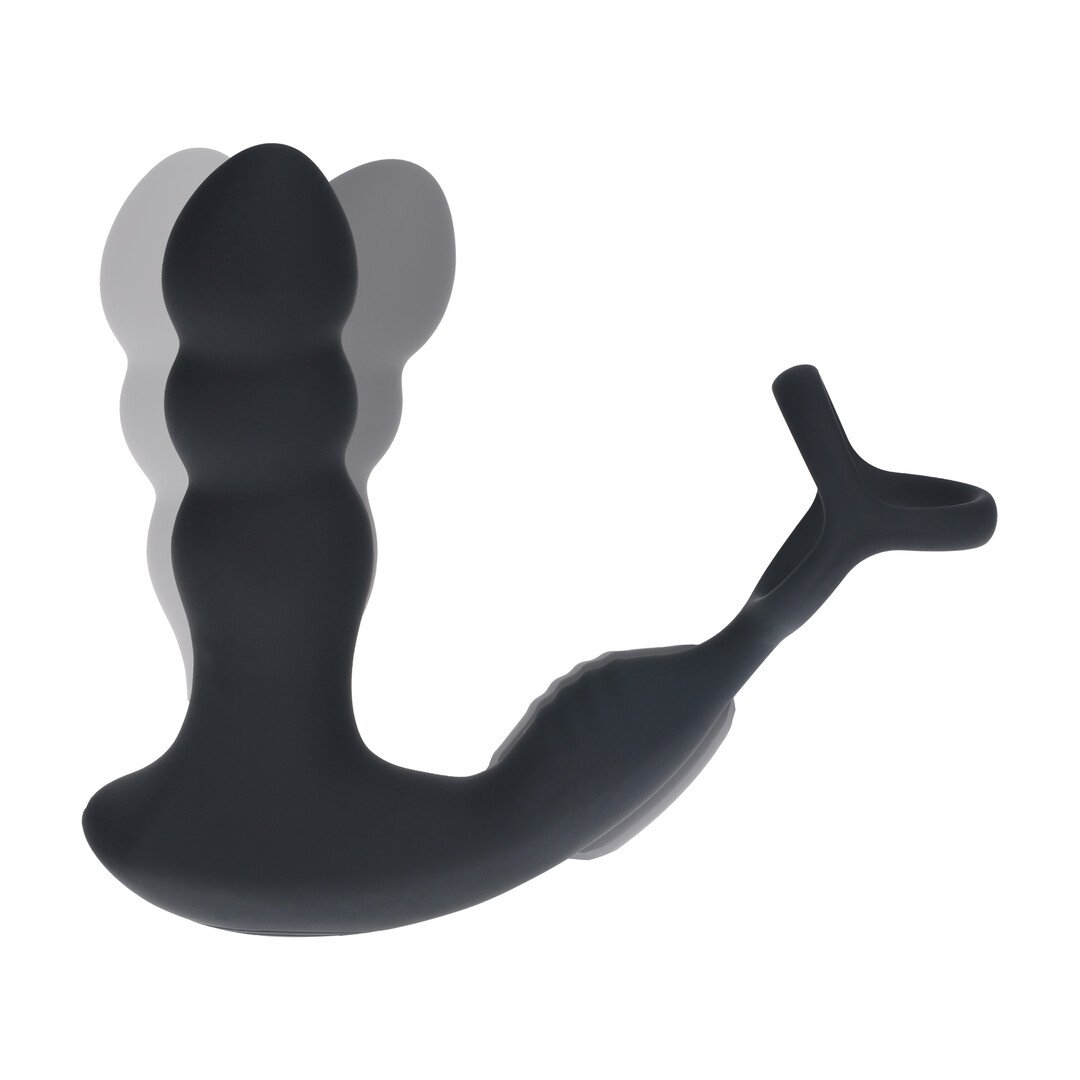 Dual Vibrating Remote Rotating Head Silicone Prostate Stimulator with Cock and Ball Ring - Black 6