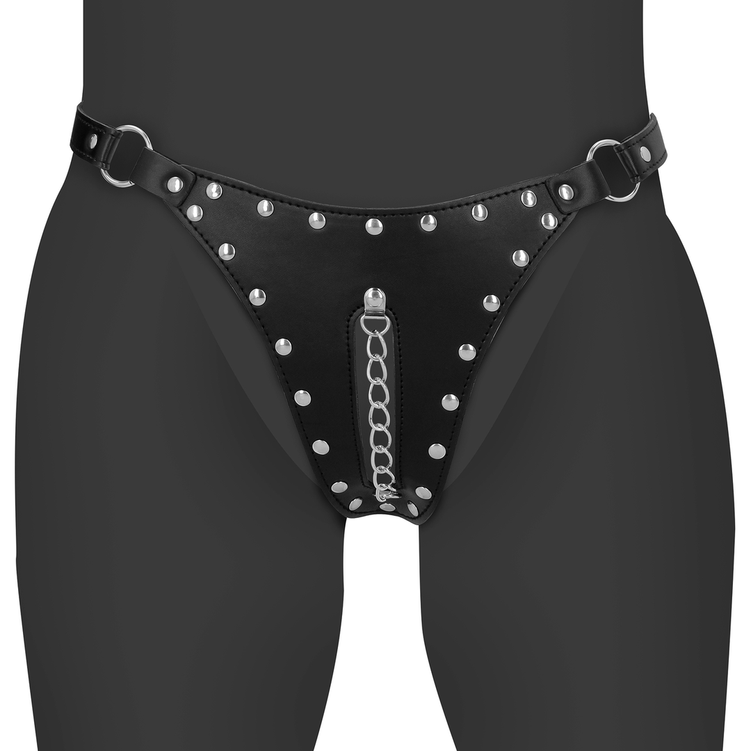 PU Leather Chastity Thong with Chain Detail - Black