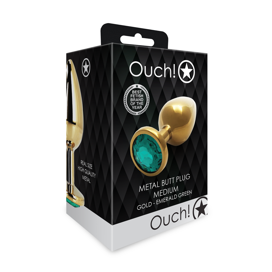 Round Gem Butt Plug - Medium - Gold/Emerald Green 2