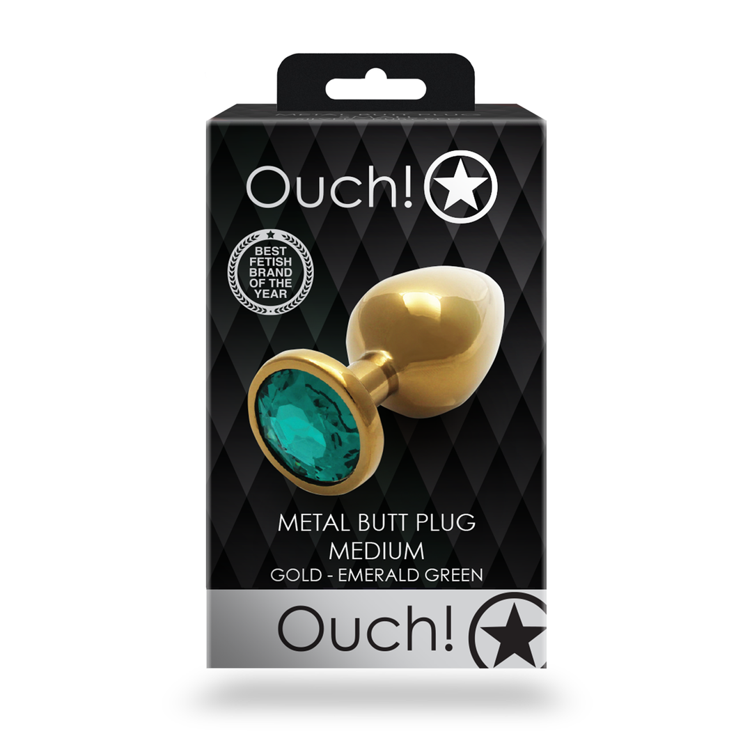 Round Gem Butt Plug - Medium - Gold/Emerald Green 3