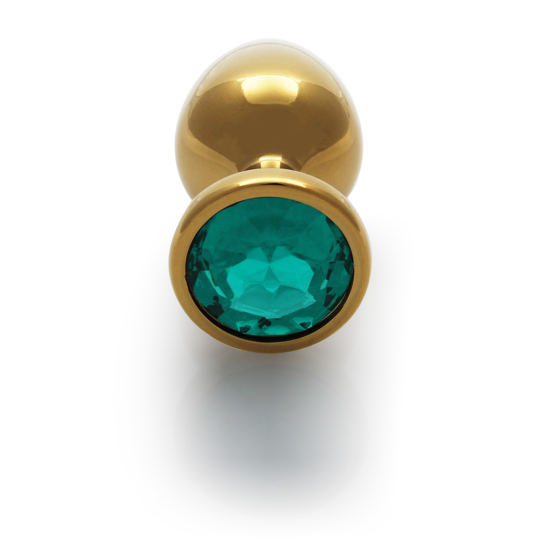 Round Gem Butt Plug - Medium - Gold/Emerald Green 5