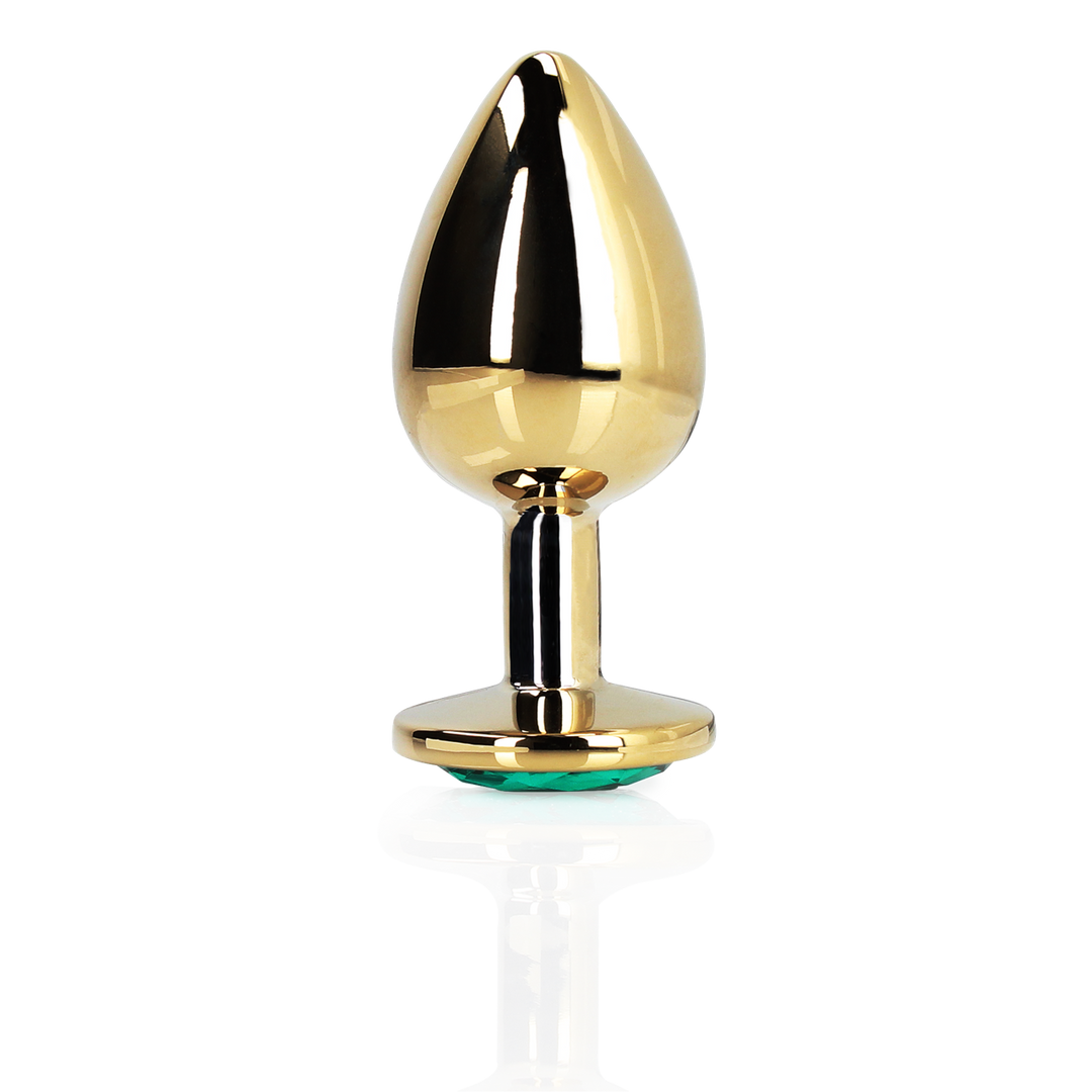 Round Gem Butt Plug - Medium - Gold/Emerald Green 1