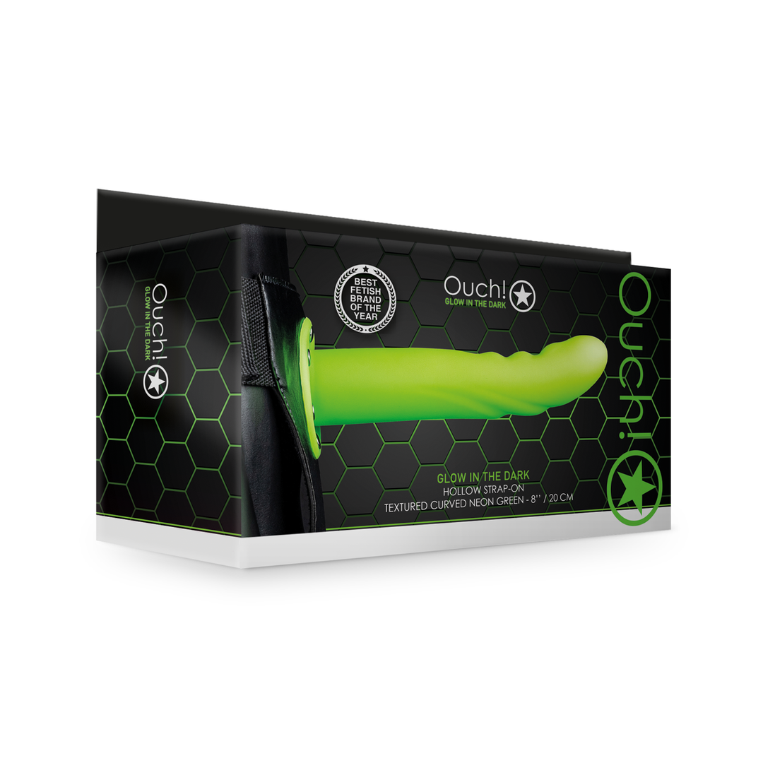 Glow in the Dark Textured Curved Hollow Strap-On - 8 / 20 cm - Neon Green 2