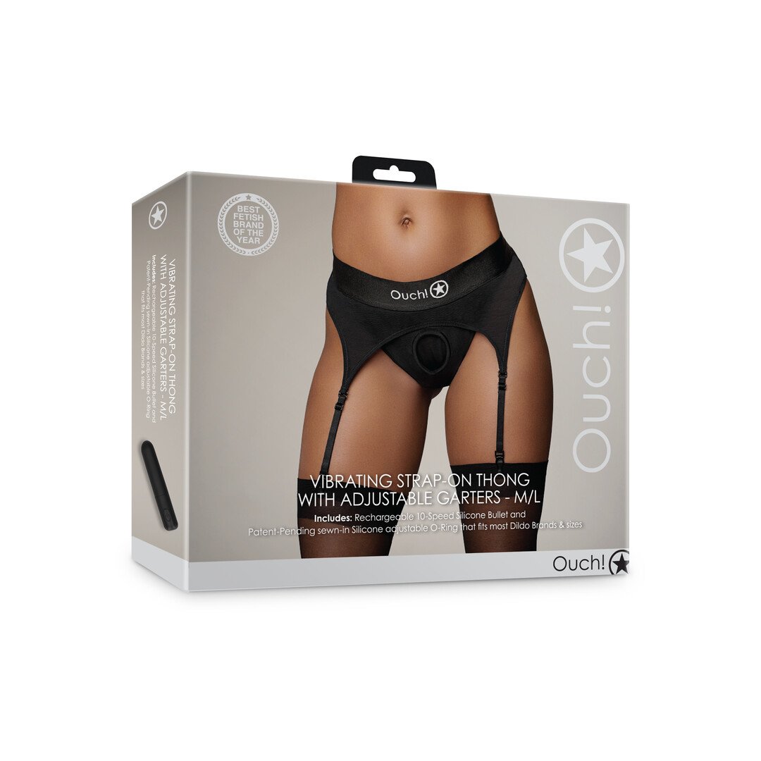 Vibrating Strap-on Thong with Adjustable Garters - M/L - Black 2