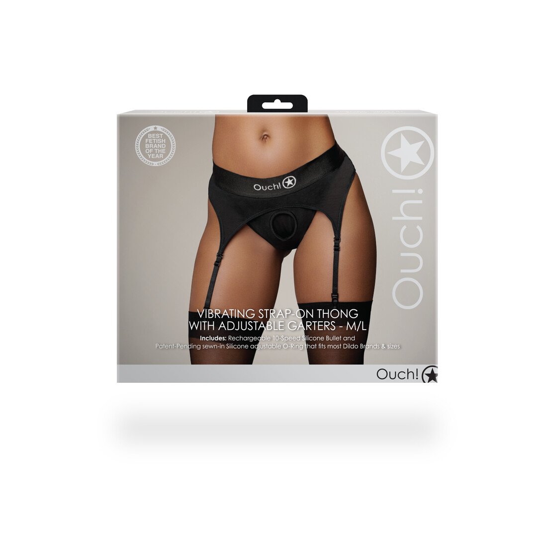 Vibrating Strap-on Thong with Adjustable Garters - M/L - Black 3