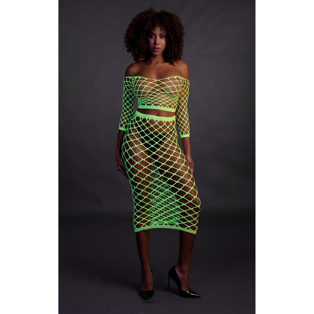 Long Sleeve Crop Top and Long Skirt - One Size - Neon Green 4