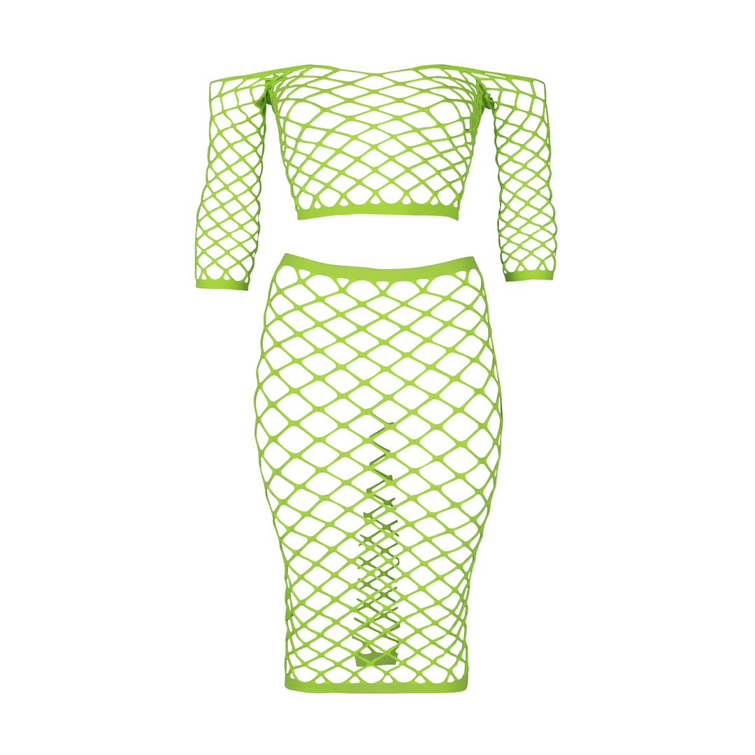 Long Sleeve Crop Top and Long Skirt - Plus Size - Neon Green 6