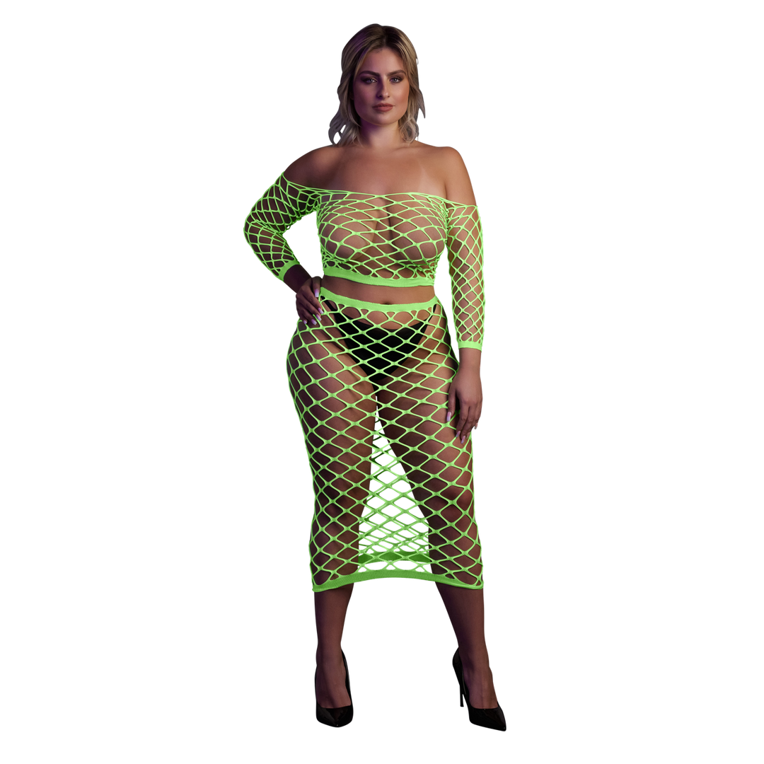 Long Sleeve Crop Top and Long Skirt - Plus Size - Neon Green