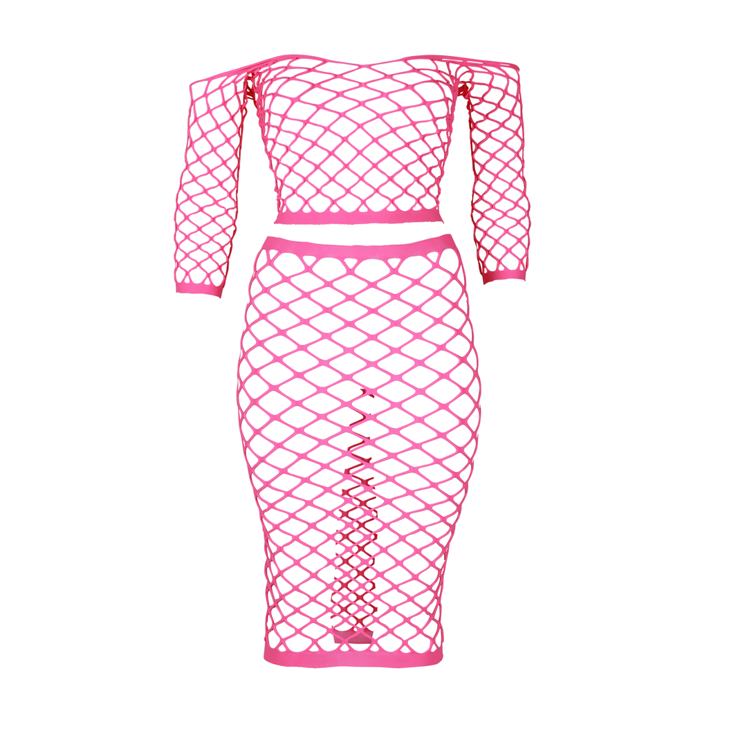 Long Sleeve Crop Top and Long Skirt - Plus Size - Neon Pink 6