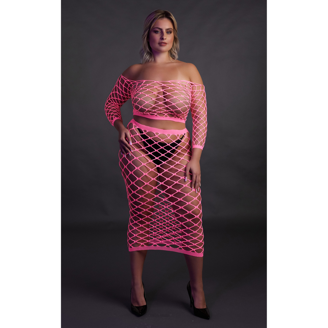 Long Sleeve Crop Top and Long Skirt - Plus Size - Neon Pink 4