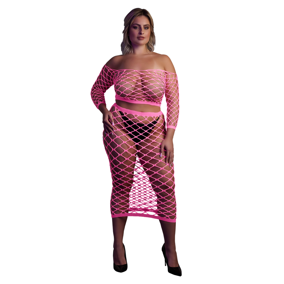 Long Sleeve Crop Top and Long Skirt - Plus Size - Neon Pink