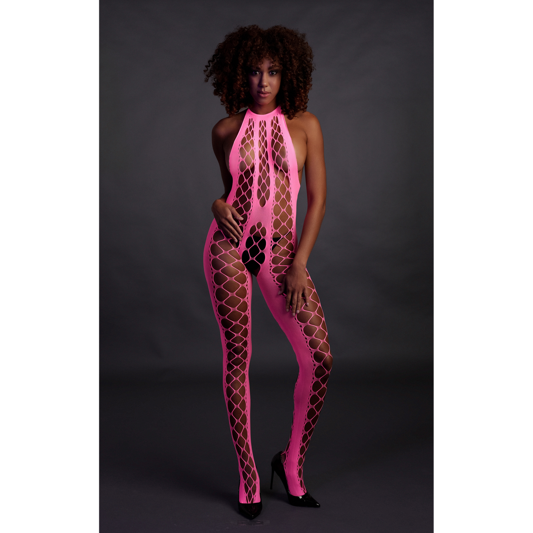 Bodystocking with Halterneck - One Size - Neon Pink 4