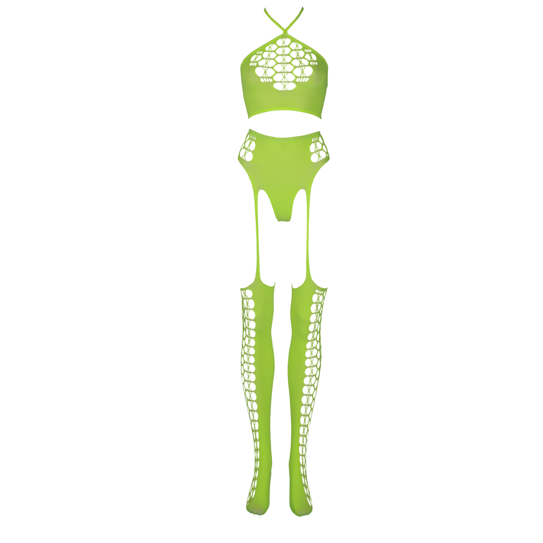 Two Piece with Crop Top and Stockings - One Size - Neon Green 6