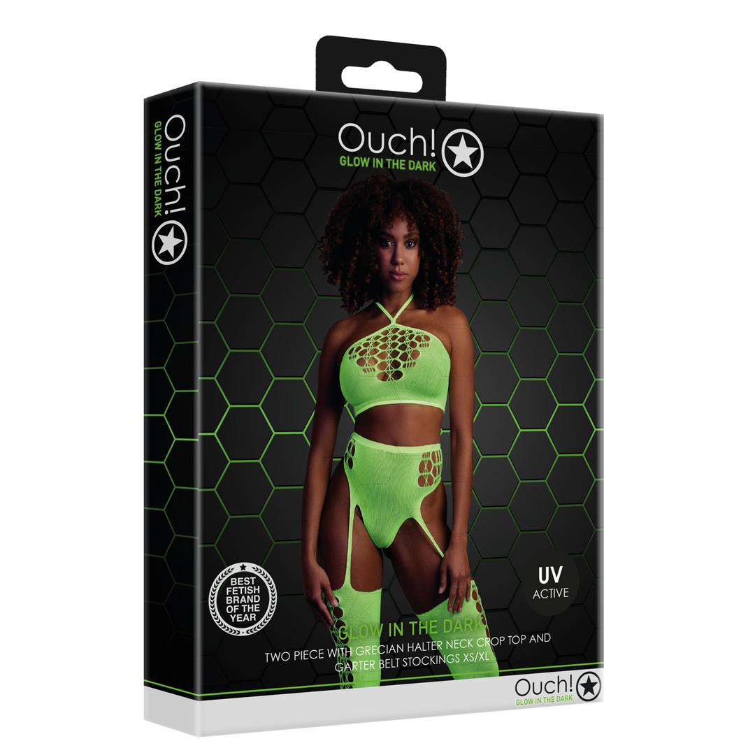 Two Piece with Crop Top and Stockings - One Size - Neon Green 2