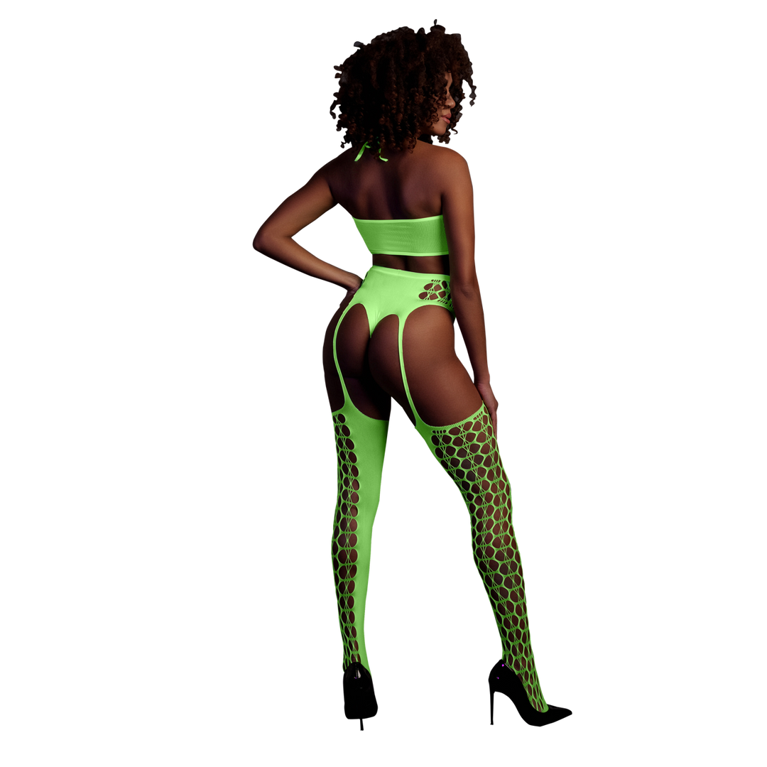 Two Piece with Crop Top and Stockings - One Size - Neon Green 3