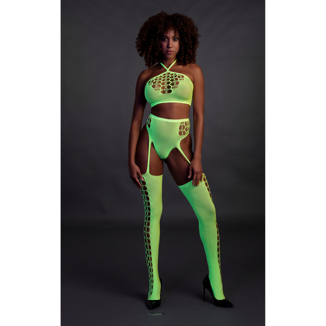 Two Piece with Crop Top and Stockings - One Size - Neon Green 4