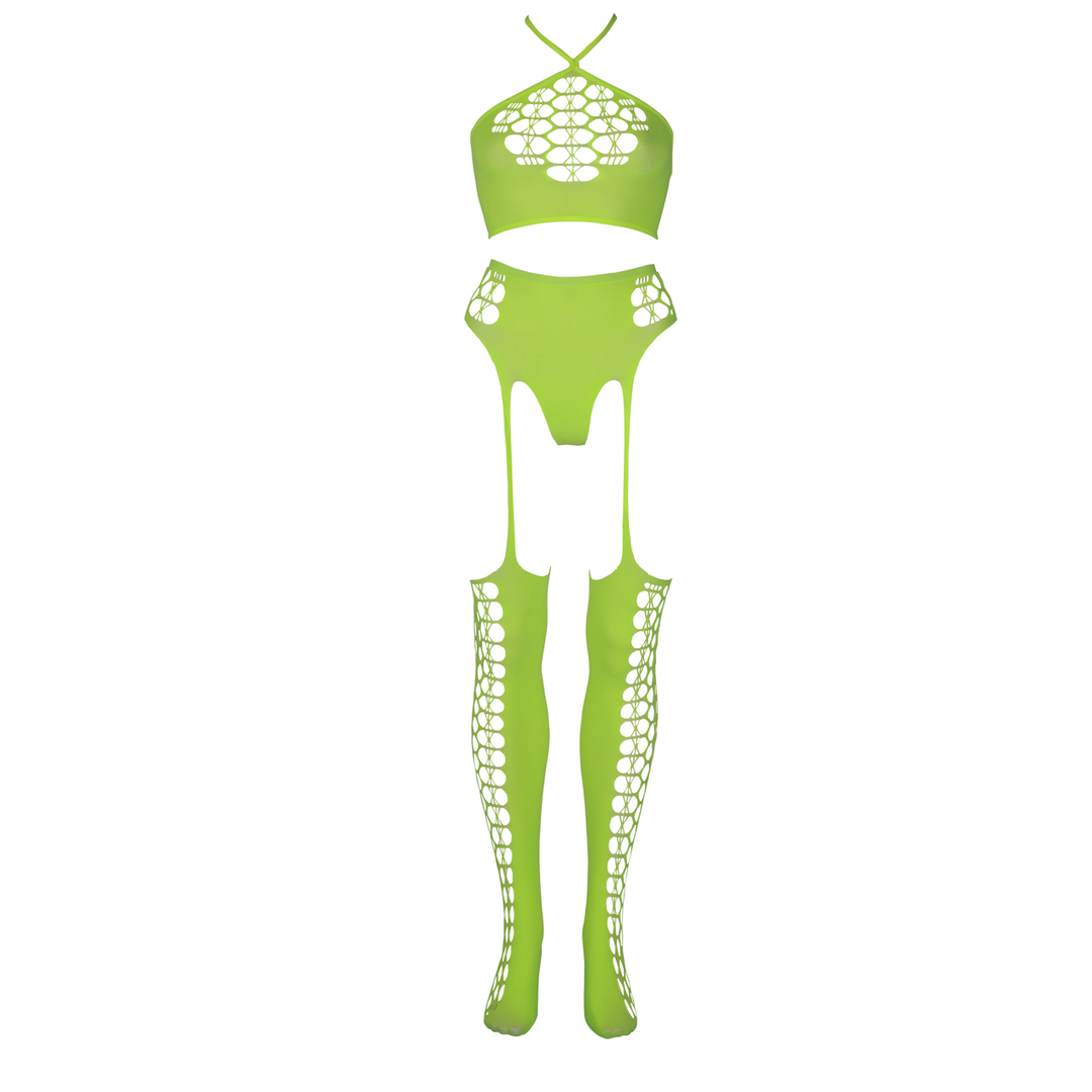 Two Piece with Crop Top and Stockings - Plus Size - Neon Green 6
