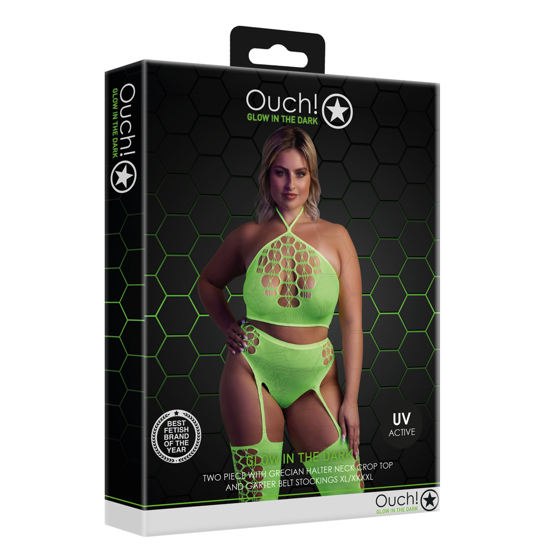 Two Piece with Crop Top and Stockings - Plus Size - Neon Green 2
