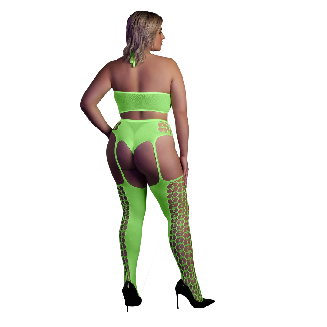 Two Piece with Crop Top and Stockings - Plus Size - Neon Green 3