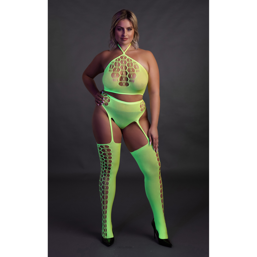 Two Piece with Crop Top and Stockings - Plus Size - Neon Green 4