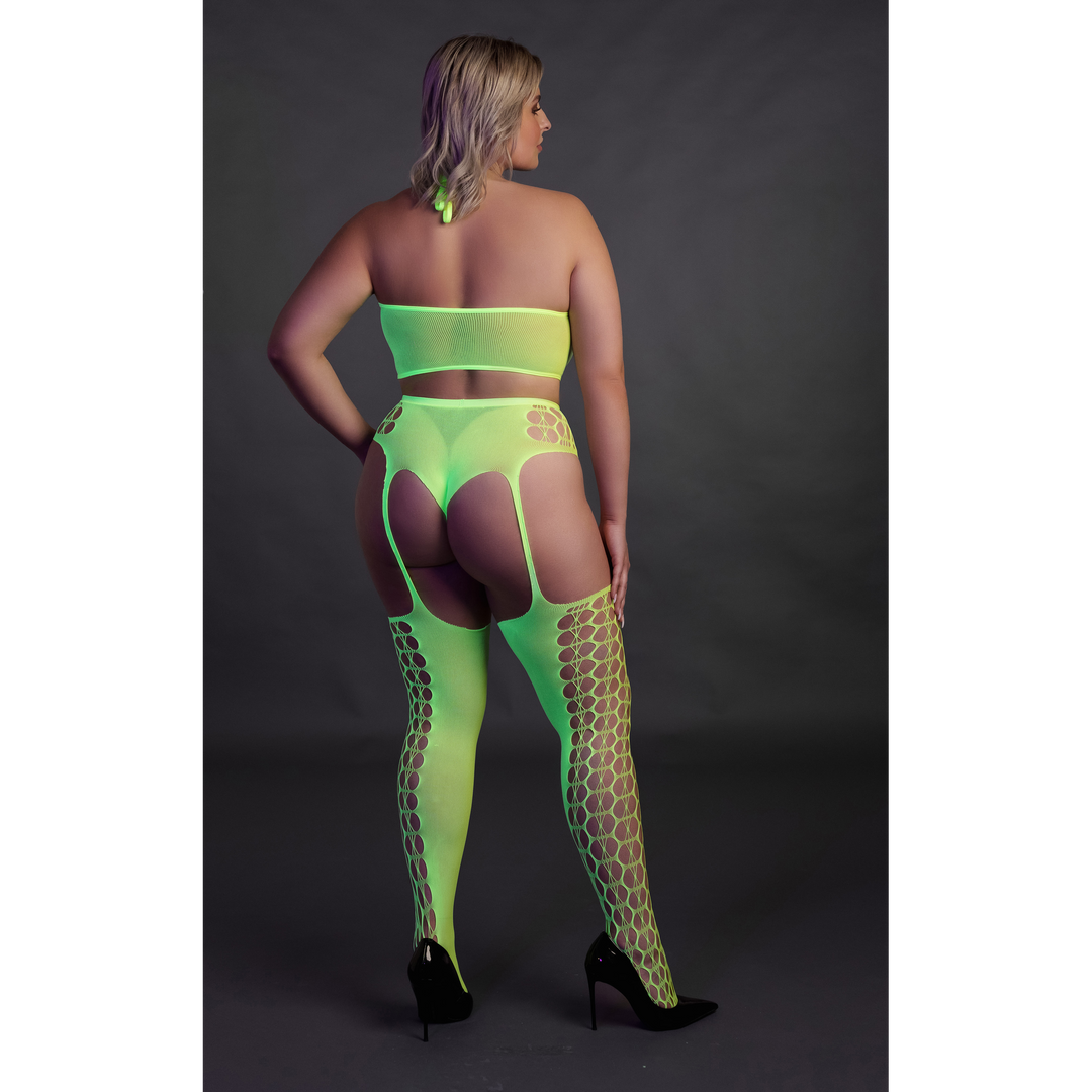 Two Piece with Crop Top and Stockings - Plus Size - Neon Green 5