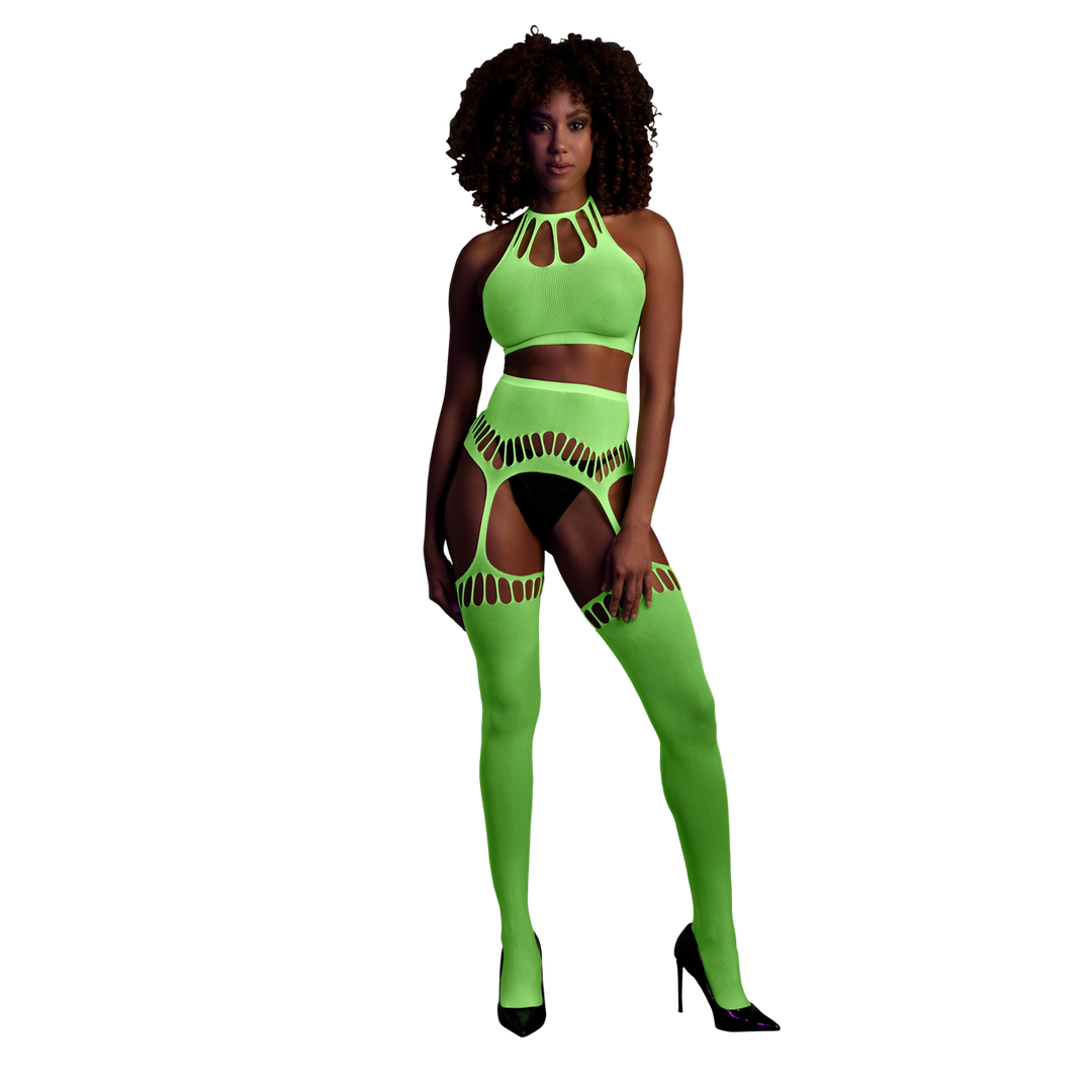 Two Piece with Crop Top and Stockings - One Size - Neon Green 1