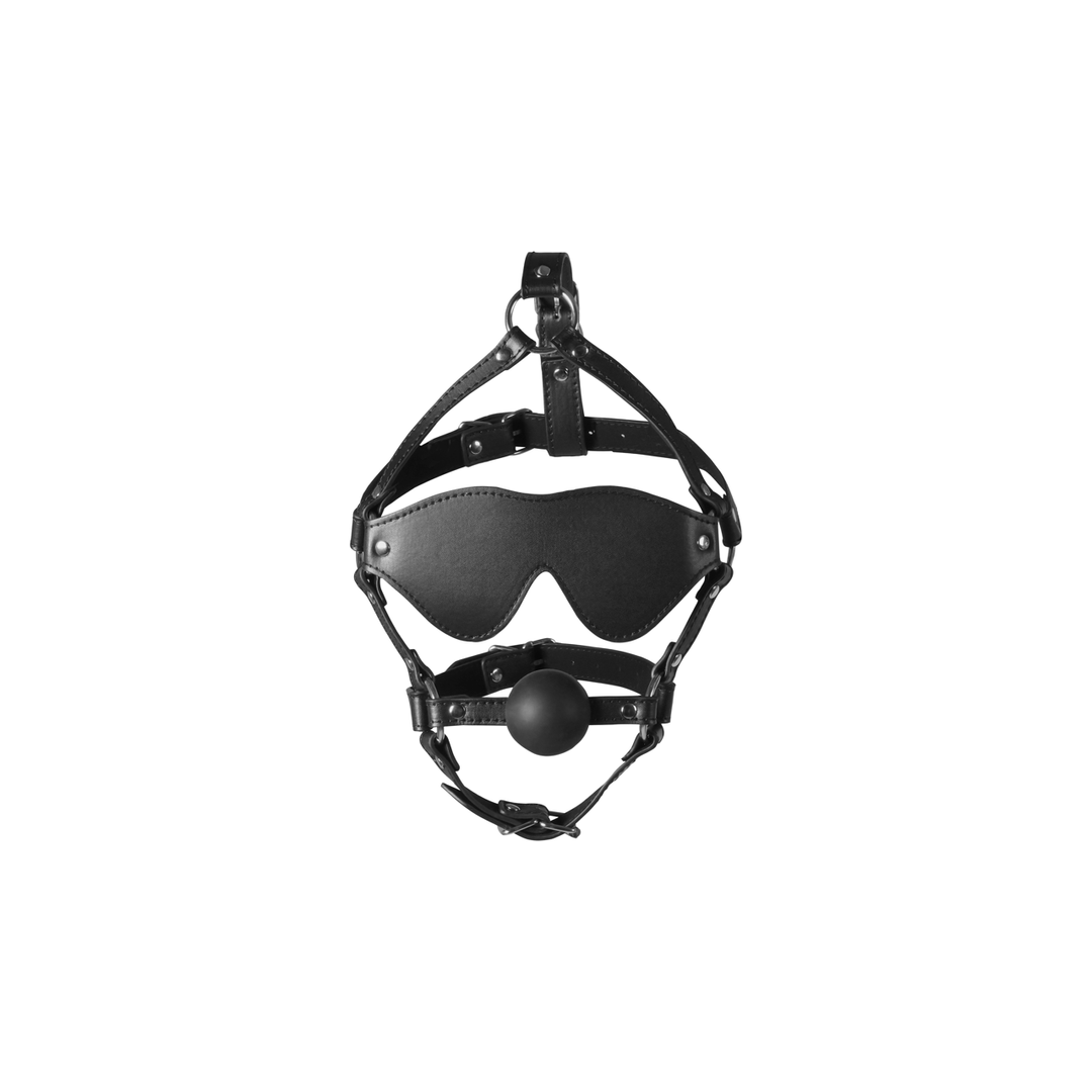 Blindfolded Head Harness with Solid Ball Gag - Black 5