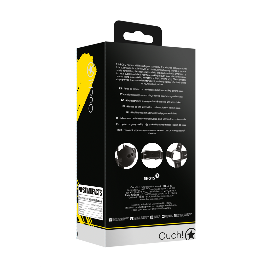 Head Harness with Breathable Ball Gag and Nose Hooks - Black 3