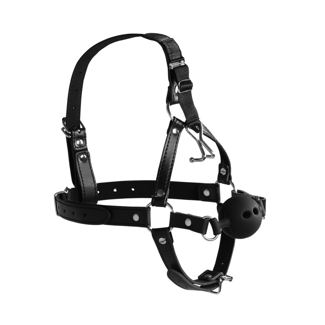 Head Harness with Breathable Ball Gag and Nose Hooks - Black 4