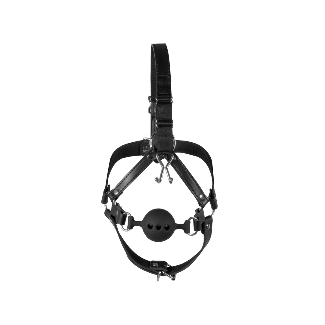 Head Harness with Breathable Ball Gag and Nose Hooks - Black 5