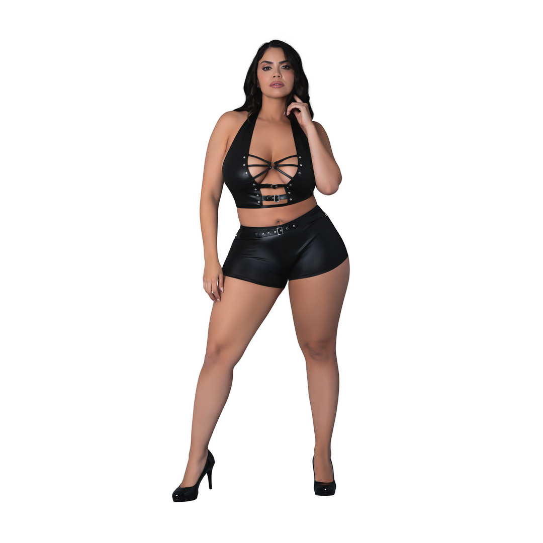 Thalia - Halter Top and Shorts with Rings and Studs - 2X - Black