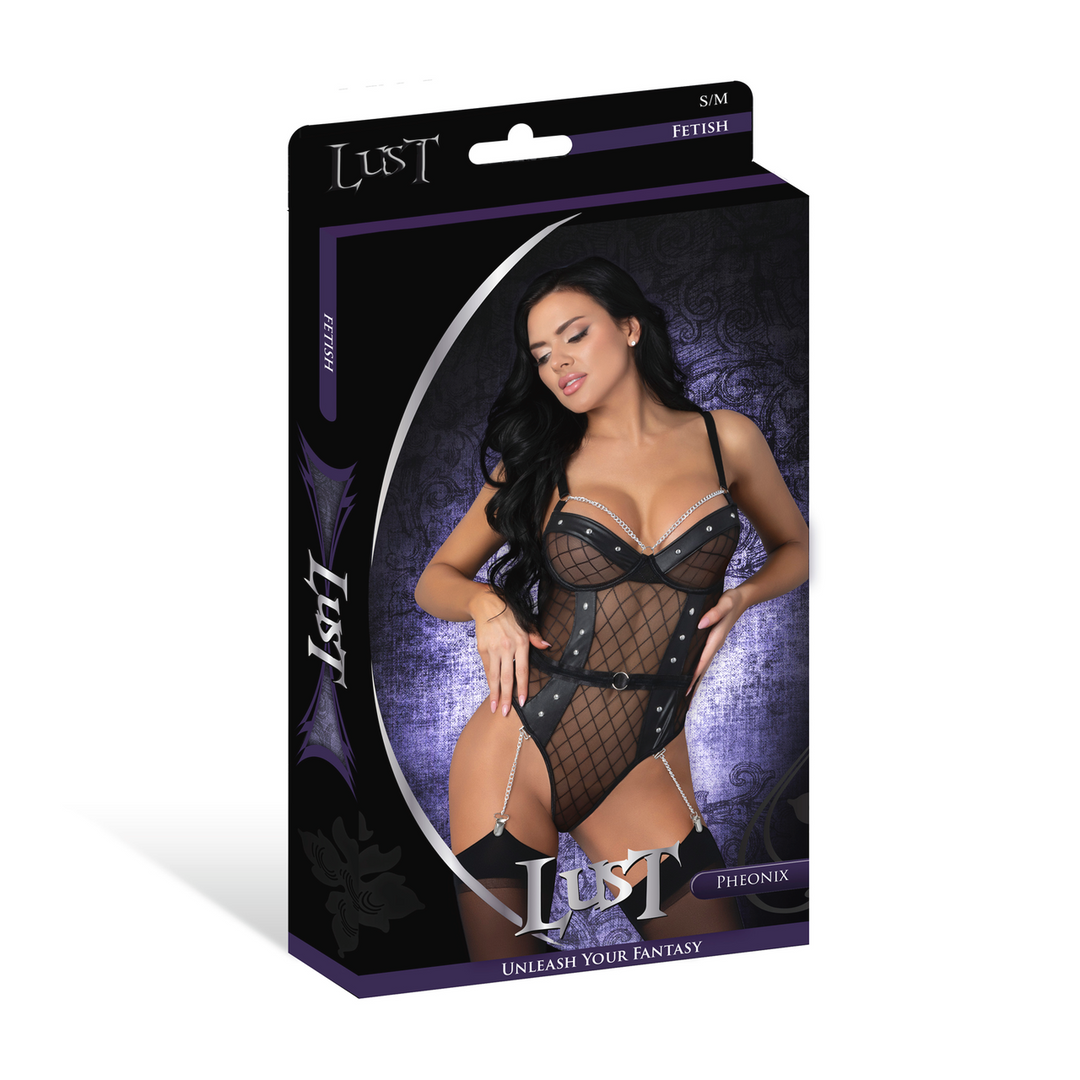 Phoenix - Diamond Mesh Teddy and Garters with Chains Rings and Studs - S/M - Black 2