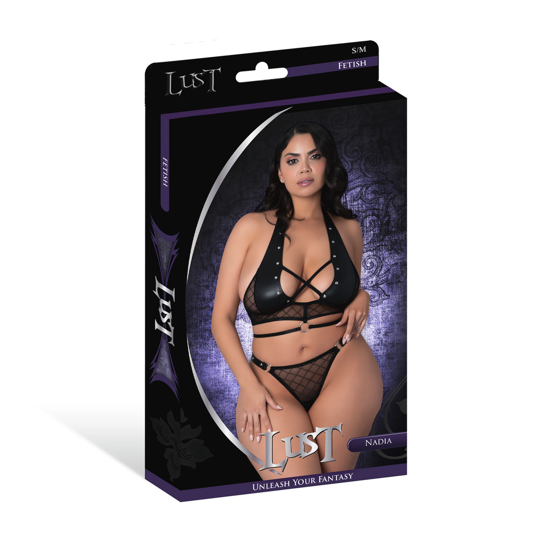 Nadia - Diamond Mesh Halter Top and Ring Thong with Rings Clasps and Studs - 2X - Black 2