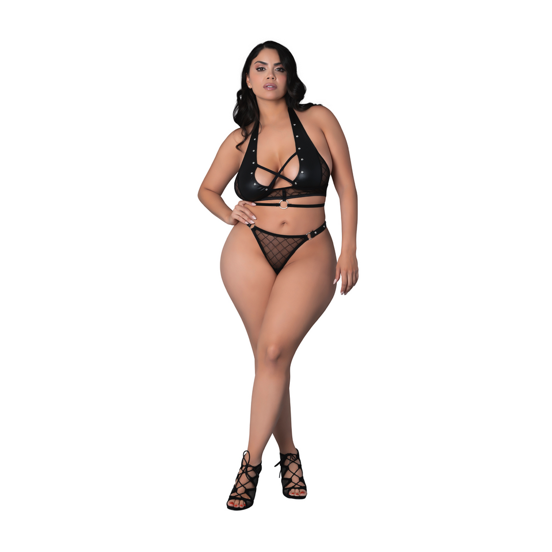 Nadia - Diamond Mesh Halter Top and Ring Thong with Rings Clasps and Studs - 2X - Black 5