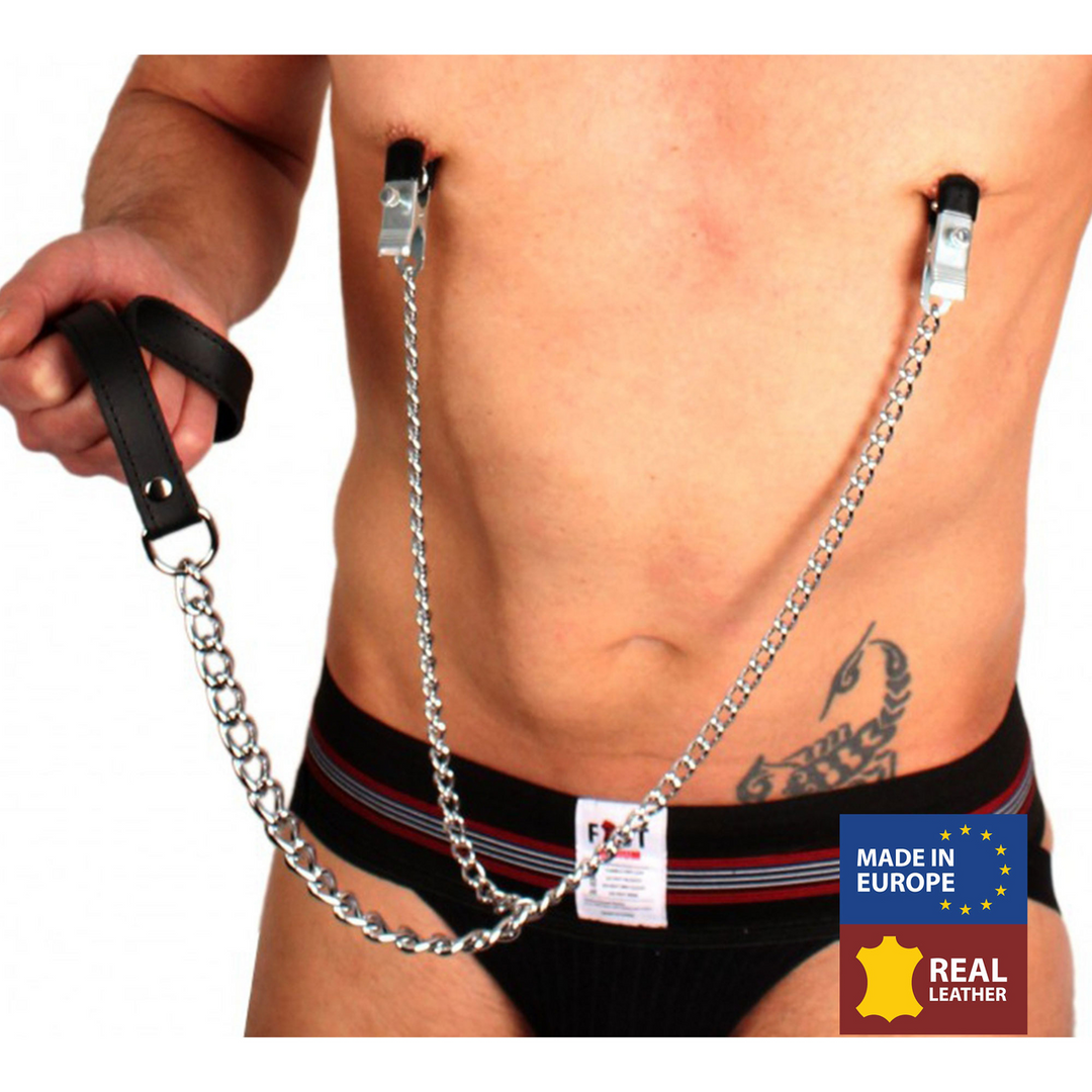 Breast Clamps and Leash - Black/Silver