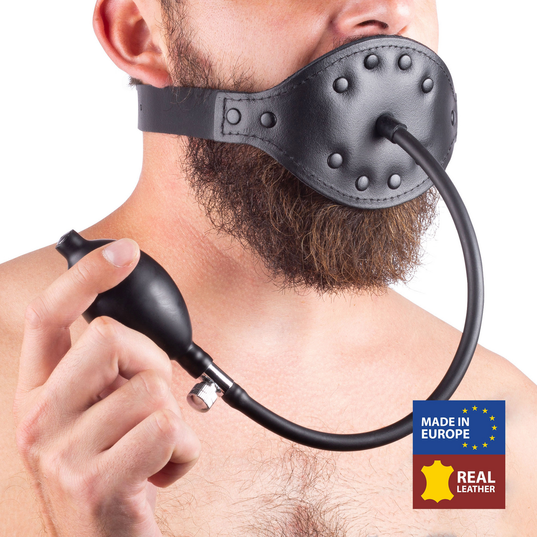Leather Gag with Inflatable Ball - Black