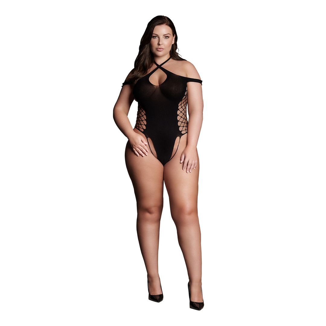 Leda XIII - Body with Crossed Neckline and Off Shoulder Straps - Queen Size - Black