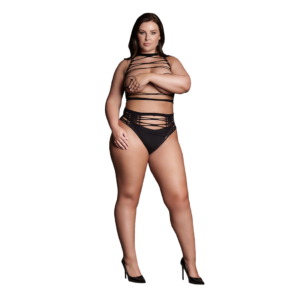 Helike XLV - Two Piece with Open Cups Crop Top and Pantie - Queen Size - Black